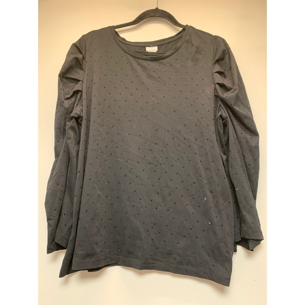 Chico's Embellished Top Women Size 3 XL Black Excellent Rhinestone Puff Sleeve